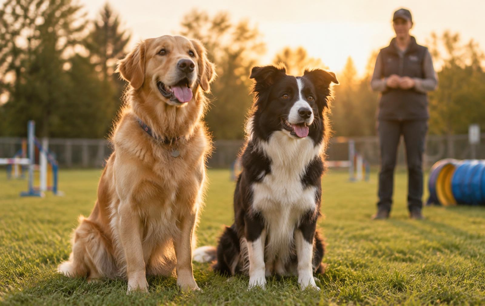 Zwei Hunde sitzen aufmerksam auf dem Trainingsplatz